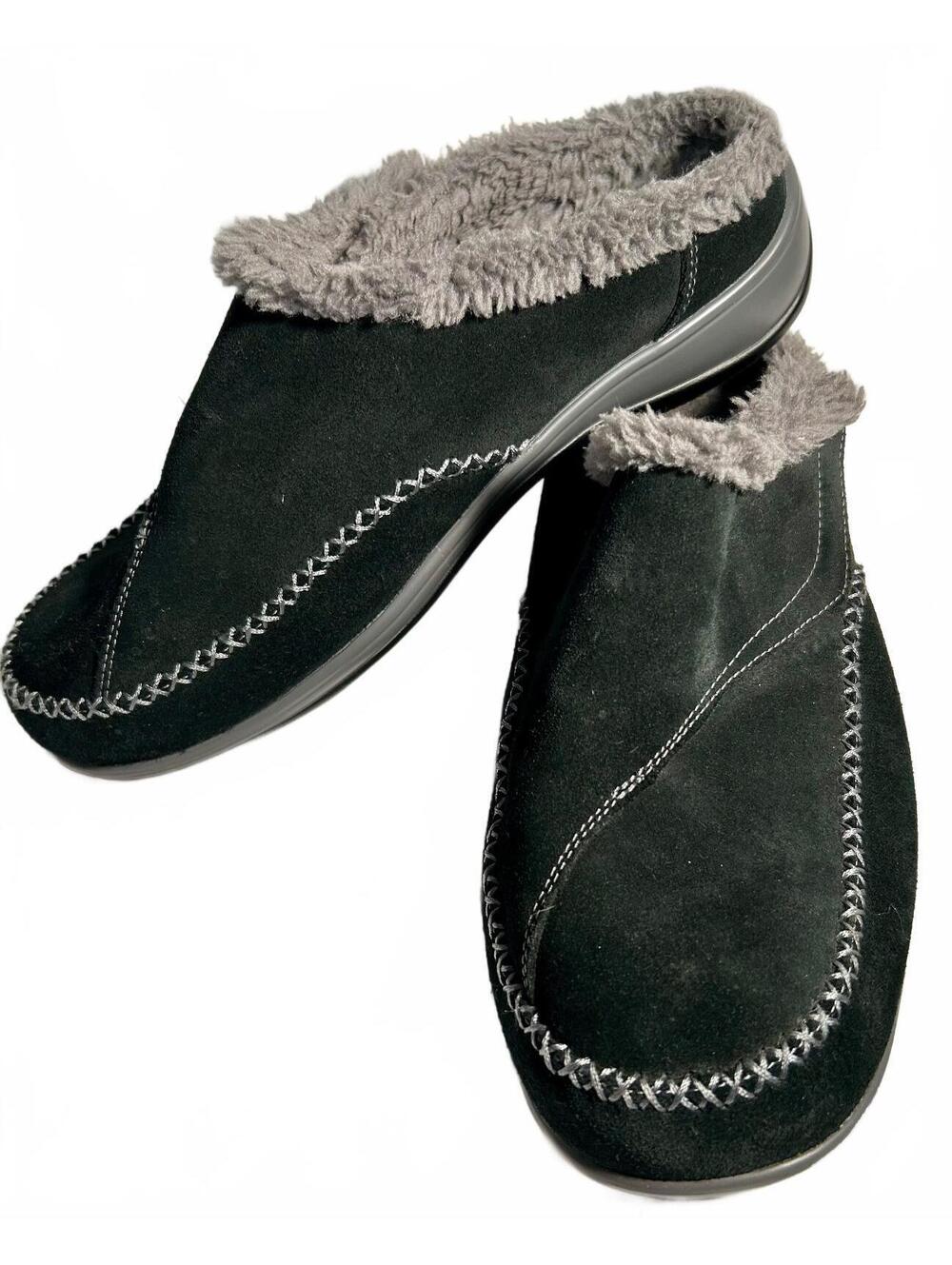 Orthofeet Charlotte Womens 10 D Wide Black Suede Faux Fur Orthopedic Slippers